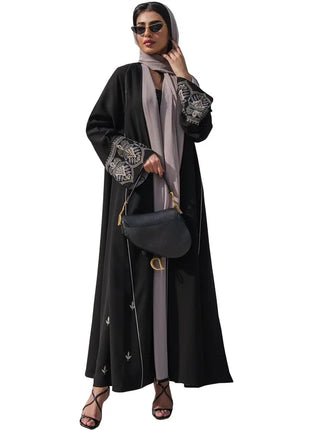 2025 Luxury Black Stylish Open Abaya Embroidered Sleeves Kimono Abaya Quality Polyester Fashion Islamic Clothing