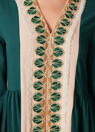 ZF4090 Dark Green Apricot Vintage Beaded Lace Trim High-End Polyester Abaya Elegant Middle Eastern Dress for Summer Autumn Eid