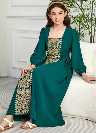 New Girls Muslim Gold Lace Embroidered Long Abaya with Square Neck Puff Sleeves Emerald Green Islamic Kids Clothing