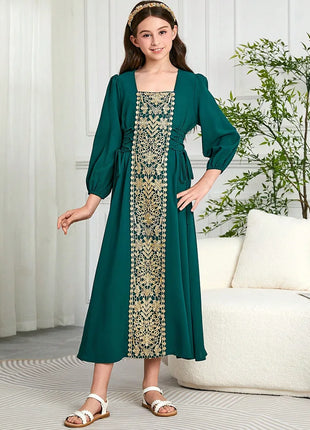 New Girls Muslim Gold Lace Embroidered Long Abaya with Square Neck Puff Sleeves Emerald Green Islamic Kids Clothing