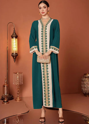 ZF4090 Dark Green Apricot Vintage Beaded Lace Trim High-End Polyester Abaya Elegant Middle Eastern Dress for Summer Autumn Eid