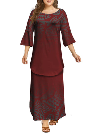 Dola Xiamen Culture Media Black Red Tonga Puletasi Dresses Ptaha Three-quarter Bell Sleeves Plus Size Samoan Dresses 2 Piece