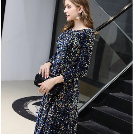 High Quality Sequined Maxi Dress Full Sleeve V Neck Evening Night Long Party Dress Sequin Prom Dresses