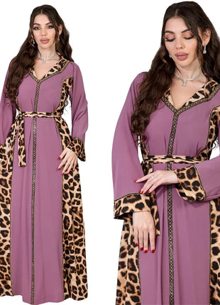 Muslim Abaya Dress Women Dubai Dresses Jalabiya Leopard Print Vestidos Modest Robe Morocco Arab Abayas Kaftan Islam Ramadan