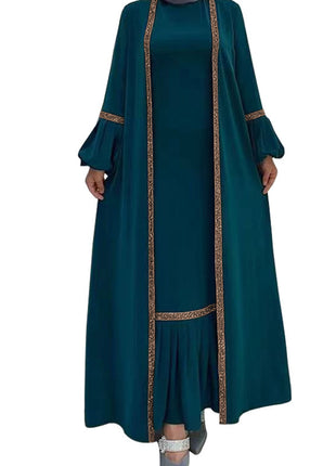 Muslim Women Hijab Dress 2 Piece Set Eid Lantern Sleeve Maxi Long Dress Islamic Clothing Caftan Kimono Big Swing Abaya Dresses