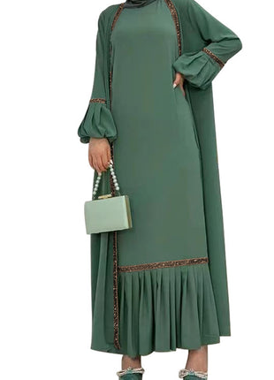 Muslim Women Hijab Dress 2 Piece Set Eid Lantern Sleeve Maxi Long Dress Islamic Clothing Caftan Kimono Big Swing Abaya Dresses