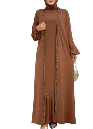 Muslim Women Hijab Dress 2 Piece Set Eid Lantern Sleeve Maxi Long Dress Islamic Clothing Caftan Kimono Big Swing Abaya Dresses