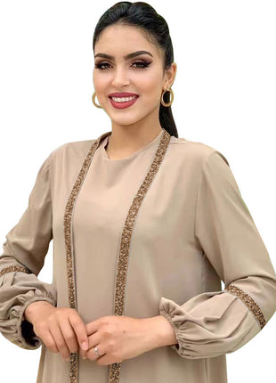 Muslim Women Hijab Dress 2 Piece Set Eid Lantern Sleeve Maxi Long Dress Islamic Clothing Caftan Kimono Big Swing Abaya Dresses