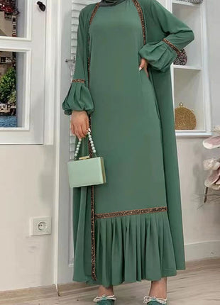 Muslim Women Hijab Dress 2 Piece Set Eid Lantern Sleeve Maxi Long Dress Islamic Clothing Caftan Kimono Big Swing Abaya Dresses