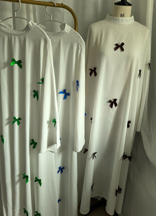 Women Dress Muslim Abaya for Eid Arab Bow Flare Sleeve Long Robe Jalabiya Ramadan Dubai Abayas Kaftan Vestidos Morocco Dresses