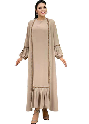Muslim Women Hijab Dress 2 Piece Set Eid Lantern Sleeve Maxi Long Dress Islamic Clothing Caftan Kimono Big Swing Abaya Dresses