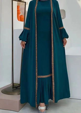 Muslim Women Hijab Dress 2 Piece Set Eid Lantern Sleeve Maxi Long Dress Islamic Clothing Caftan Kimono Big Swing Abaya Dresses