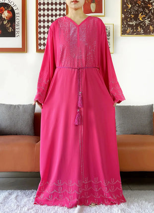 New 2025 Dubai Diamonds Muslim Women Modest Dress Elegant Arabic Femme Hijab Long Sleeve Chiffon Abaya Islamic Turkey Clothing