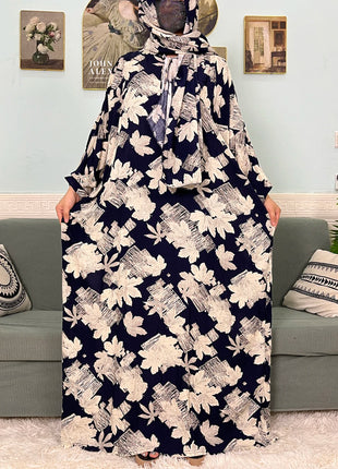 Muslim Cotton Abayas For Women Traditional Floral Ramadan Prayer Garment African Caftan Marocain Femme Robe Connected Headscarf