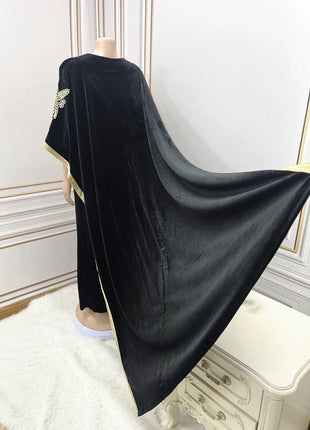 Ramadan Luxury Muslim Fashion Bat Sleeve Moroccan Turkiye Dubai Dress Middle East Arab Dress Sequins Golden Velvet Long Dress