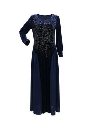 Women Dubai Arab Muslim Velvet Chiffon Splicing Diamond Evening Dress Jalabia Women's Clothing Abaya Robe