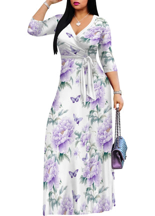 Floral V-Neck Wrap Dress - Tie Waist Flowy Midi Dress, Boho Summer Dress for Women