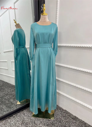 Fashion Sliky Djellaba Muslim Dress Dubai Full Length Flare Sleeved Soft Abaya Dubai Turkey Muslim Islam Robe WY921