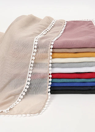 New Cotton Hijab With Lace Muslim Scarf Long Shawls Headscarf Wraps Foulard Echarpe Bufanda Muslim Sjaal Islam Eid Headband