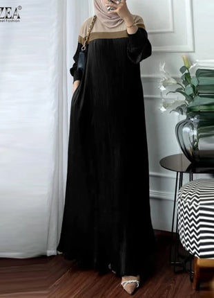 Fashion Autumn Long Sleeve Pleated Sundress 2024 ZANZEA Muslim Abaya Robe Femmme Women Patchwork Maxi Dresses Casual Vestidos