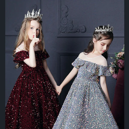Girl's Western Style Evening Dress Flower Girl Sequined Catwalk Host Piano Performance Princess Dress