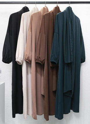 Muslim Abaya Prayer Dress One-piece Hooded Smocking Sleeve Islamic Clothing Women Jilbab Dubai Saudi Black Robe Turkish Modesty