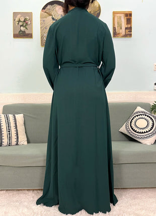 Muslim Chiffon Abayas For Women 2024 Dubai Islam Loose Fit  Femme Robe Long Sleeved Diamond Studded Solid Color With Belt Turban
