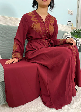 Muslim Chiffon Abayas For Women 2024 Dubai Islam Loose Fit  Femme Robe Long Sleeved Diamond Studded Solid Color With Belt Turban