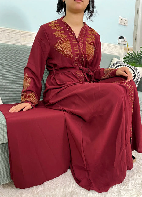 Muslim Chiffon Abayas For Women 2024 Dubai Islam Loose Fit  Femme Robe Long Sleeved Diamond Studded Solid Color With Belt Turban