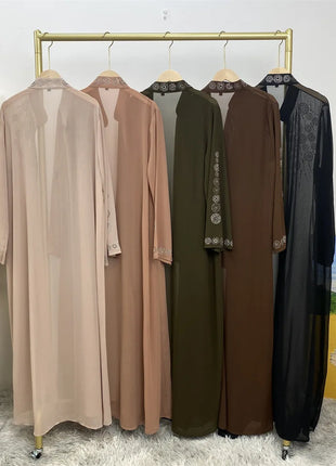 Diamond for Muslim Women Chiffon Open Cardigan Abaya Kimono Maxi Dress Turkey Dubai Arab Kaftan Eid Party Morocco Gowns Jalabiya