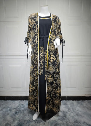 Charming Light Blue Two Piece Abaya Set Gold Patterned Outer Robe Belted Mint Inner Dress for Islamic Ramadan in the MIddle East