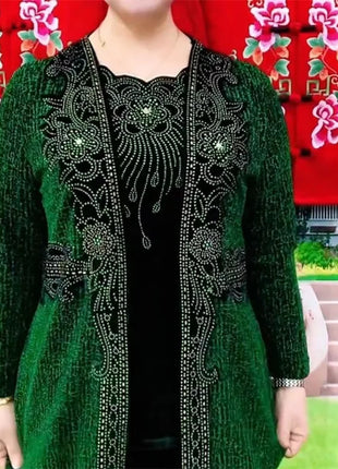 Spring Autumn New Mother's Fake Two piece T-shirts Large Size Embroidered O-Neck Women Shirts High End Hot Diamond Tees Tops