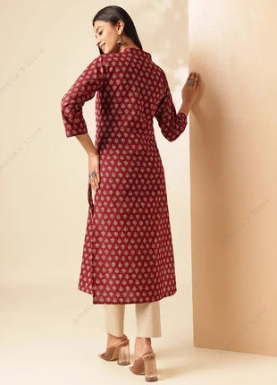 Spring Summer Women's Ethnic Maroon Floral Print Kurta Indian Tunic Top Long Kurti Dress Boho Chic Thin Daily Wear