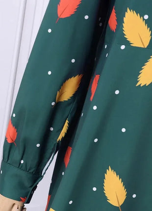 Muslim Leaf Pattern Long Sleeve Dress for Women Casual Bohemian Polka Dot Print Holiday Muslim Dress Full Length Abayas Dubai