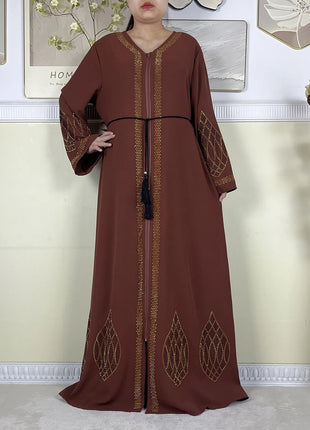 New Dubai Women Elegant Dress Diamonds Chiffon Open Abaya with Zipper Islamic Turkey Clothing Women Muslim Party Evening Dress