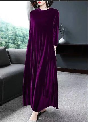 Elegant Long Sleeve Velvet Dress Autumn Spring New Style Puffy Collar Slimming Tummy Covering Mid-Length Gown Princess Sleeve