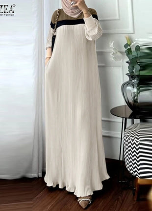 Fashion Autumn Long Sleeve Pleated Sundress 2024 ZANZEA Muslim Abaya Robe Femmme Women Patchwork Maxi Dresses Casual Vestidos