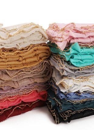 13 Color 80*180cm New Simple Silver Wire Wrinkle Plaid Solid Color Chain Gold Border Scarf Muslim Women Hijab Wrap Ramadan Islam