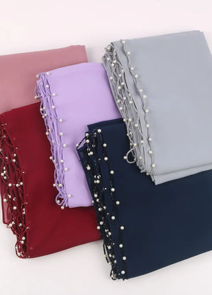 Pearls Beading Chiffon Hijab Scarf Woman Muslim Hijab Sweet Girl Hair/Headband Long Wraps Islam Turban Malaysian Headscarf