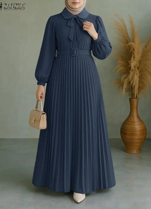 Elegant Muslim Dress Abaya ZANZEA Women 2025 Autumn Dresses Long Lantern Sleeve Pleated Sundress Belted Robe Femme Party Vestido