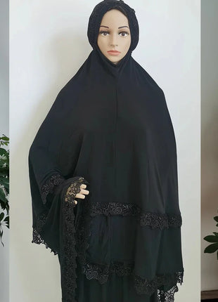 Ramadan  Long Khimar Muslim Abaya Women Prayer Garment Saudi Prayer Dress Lace Trim Silky 2 Piece Skirt Sets Eid Niqab jilbab