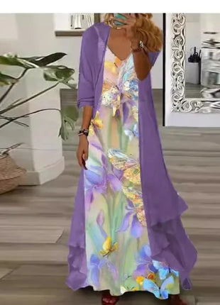 Independent Stand Floral Print Women's Dress Two-Piece Set Short Sleeve Ankle-Length Polyester Fiber Regular Waist Line