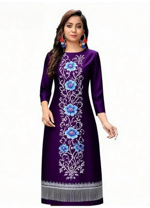 National style Muslim Women Kurtta Casual Dress Slit hem Straight Casual Ethnic Mandarin 3D Design Suitable Caftan Femme