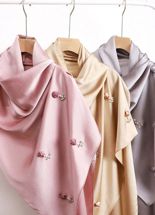 New Bubble Chiffon Hijab Scarf Handmade Flower Beaded Anchor Satin Silk Scarf  Hijabs for Women Turban Femme Ramadan Islamic