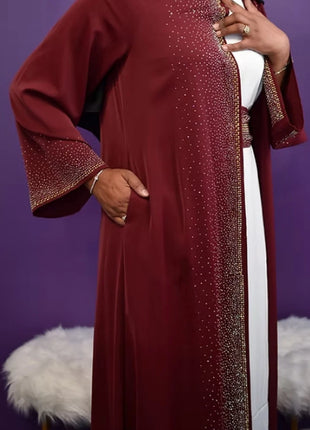 Hot Selling Ramadan Rhinestone Cardigan Islamic Dresses With Pockets Kebaya Muslim Kimono Abaya Dubai Modest Clothing Women EID