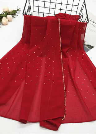 High Quality Rhinestone Chain Pearl Chiffon Long Scarf Hijabs Elegant Dubai Muslim Womens Party Wrapped Turban Shawls Headwear