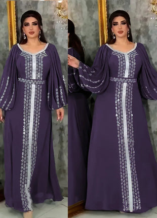 Abaya Muslim Women Party Dresses Chiffon Sequins Jalabiya Ramadan Eid Morocco Islam Sashes Vestidos Arab Long Robe Dubai Kaftan