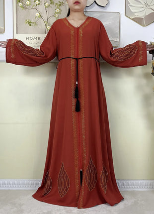 New Dubai Women Elegant Dress Diamonds Chiffon Open Abaya with Zipper Islamic Turkey Clothing Women Muslim Party Evening Dress