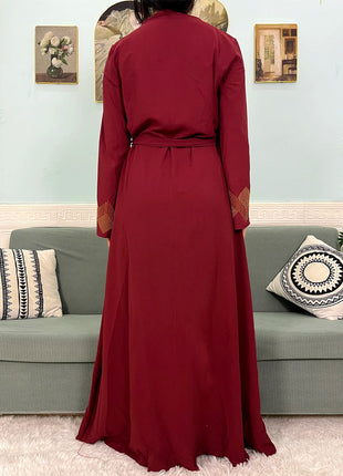 Muslim Chiffon Abayas For Women 2024 Dubai Islam Loose Fit  Femme Robe Long Sleeved Diamond Studded Solid Color With Belt Turban