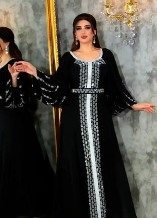 Abaya Muslim Women Party Dresses Chiffon Sequins Jalabiya Ramadan Eid Morocco Islam Sashes Vestidos Arab Long Robe Dubai Kaftan